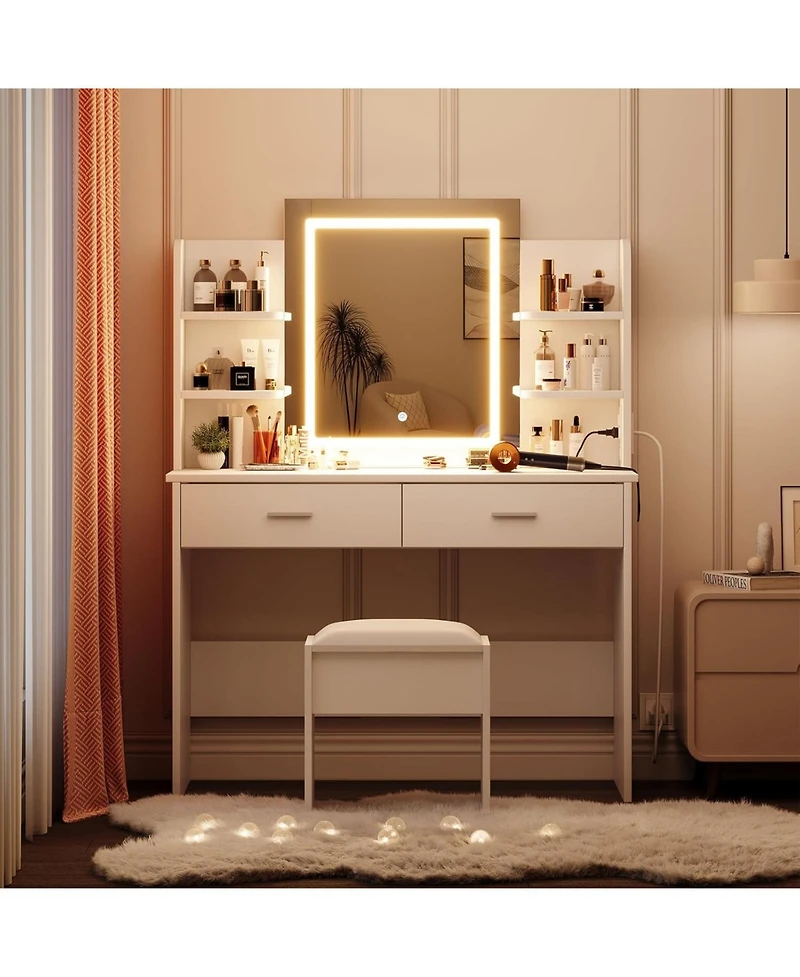 gaomon Makeup Vanity Desk with Led Mirror, 2 Drawers, Power Outlet & Cushioned Stool, 3 Light Modes