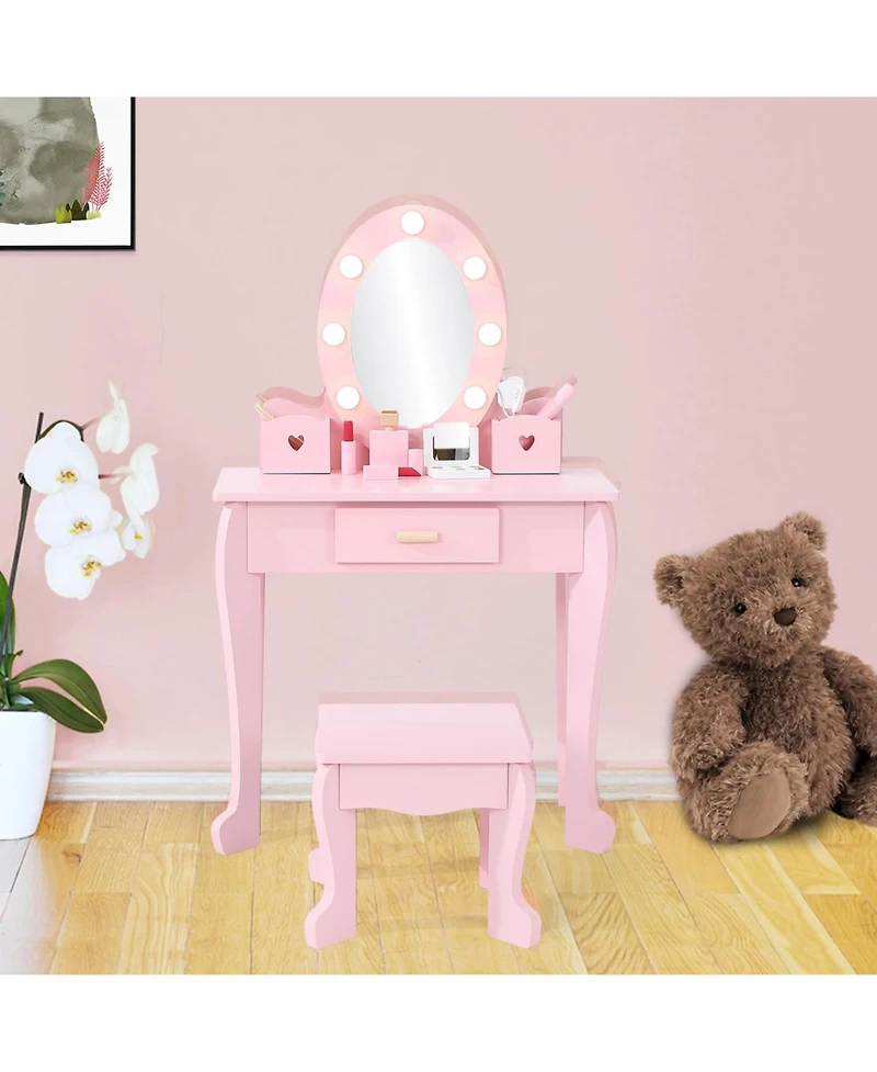 gaomon Wooden Kids Vanity Table with Lighted Mirror & Stool, Makeup Playset for Girls Ages 4-9,