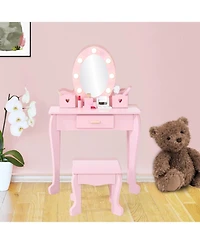 gaomon Wooden Kids Vanity Table with Lighted Mirror & Stool, Makeup Playset for Girls Ages 4-9,