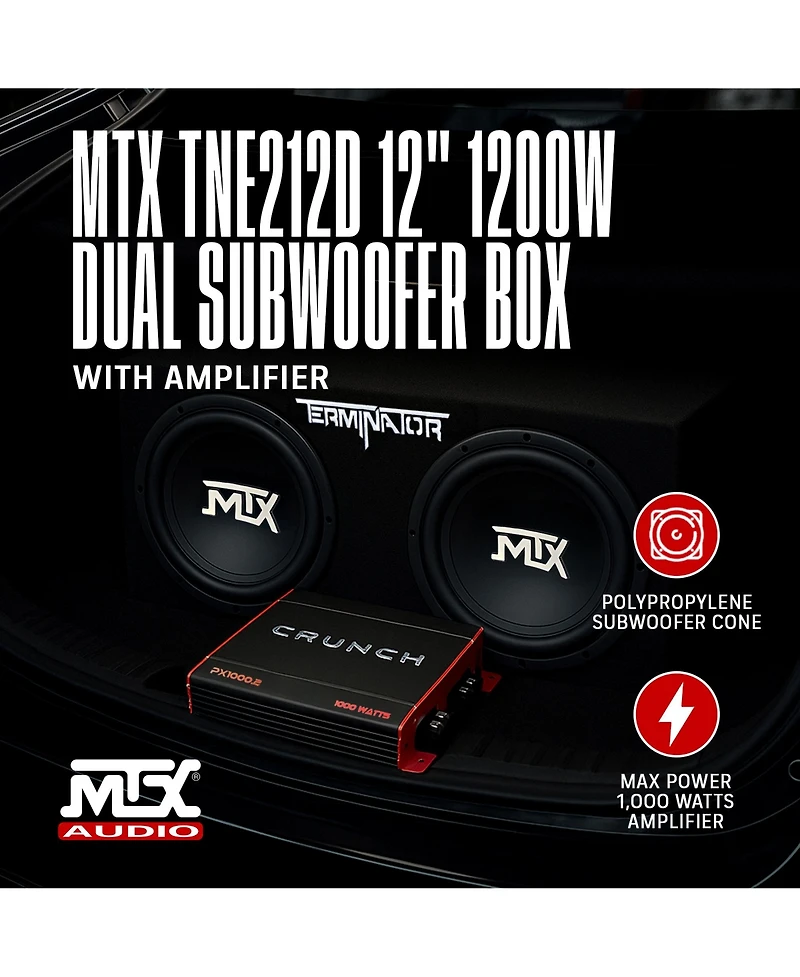 Crunch 2 Channel Car Audio Amplifier and Mtx 12 Inches Dual Loaded Subwoofer Enclosure