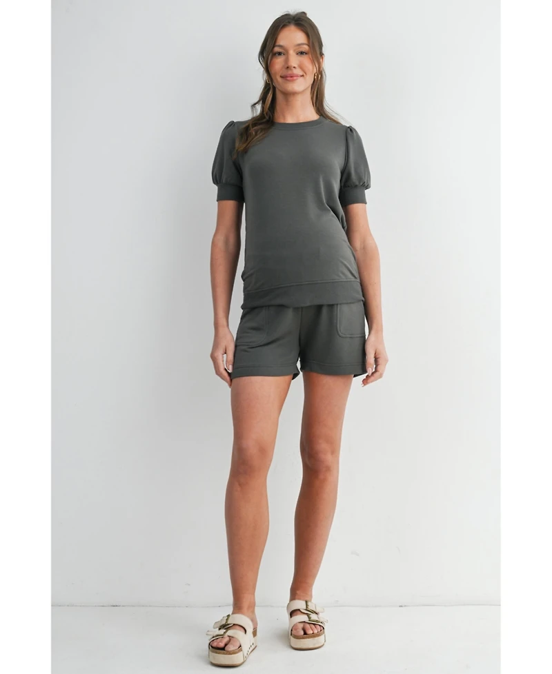 Hello Miz Maternity French Terry Lounge Set - Puff Sleeve Top and Shorts with Pockets