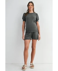 Hello Miz Maternity French Terry Lounge Set - Puff Sleeve Top and Shorts with Pockets