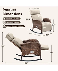 Pocassy 2 Pieces Outdoor Rocking Chair, Wicker Lounge Chair with Adjustment Backrest, Pe Rattan Patio Recliner Adjustable Footrest and Cushions