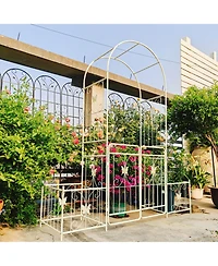 Clihome Metal Garden Arch with Gate 79.5" Wide x 86.6" High Climbing Plants Support Rose Arch Outdoor