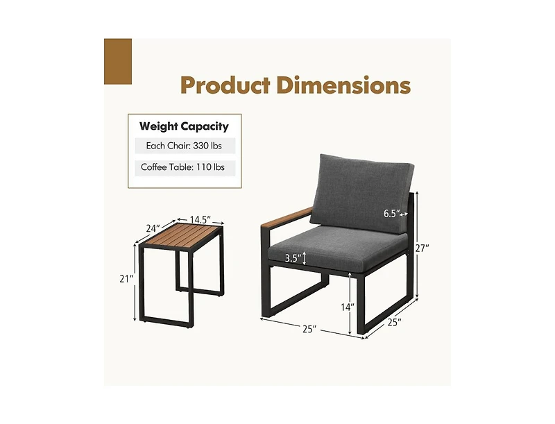 Boyel Living 3 Pieces Aluminum Frame Weatherproof Outdoor Conversation Set with Soft Cushions