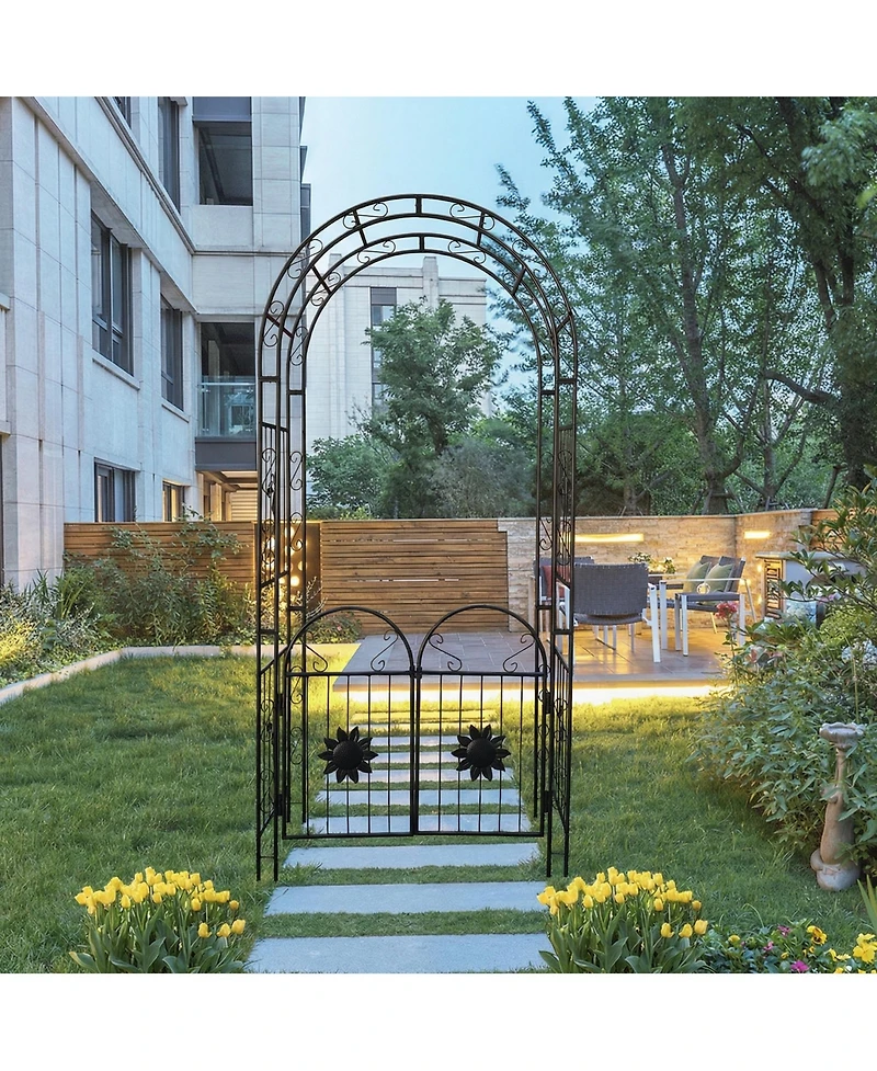 Clihome Outdoor Metal Garden Arch with doors Garden Arbor Trellis Climbing Plants Support Arch