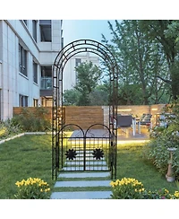 Clihome Outdoor Metal Garden Arch with doors Garden Arbor Trellis Climbing Plants Support Arch