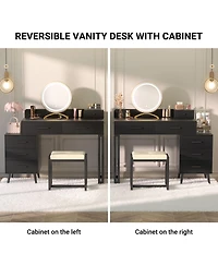 Aheaplus Vanity Desk with Mirror and Lights, Makeup Set 6 Drawers Stool
