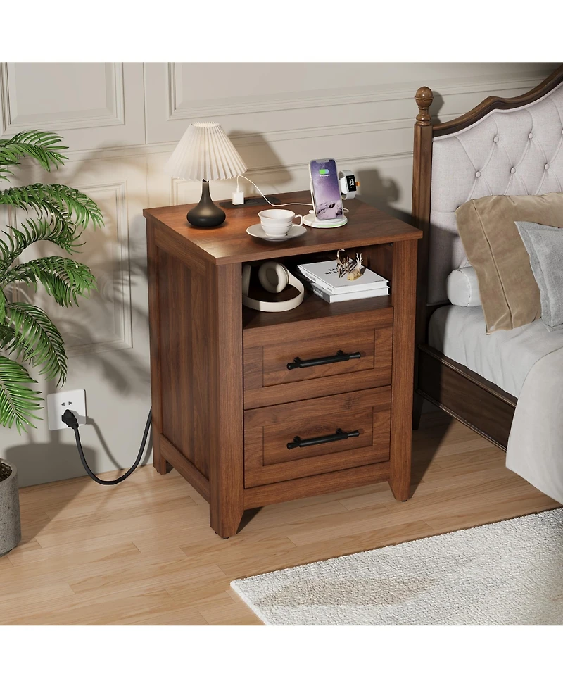 gaomon Set of 2 Farmhouse Nightstand with Charging Station 2 Drawers and Open Shelf, Usb/Type-c/Ac Outlets
