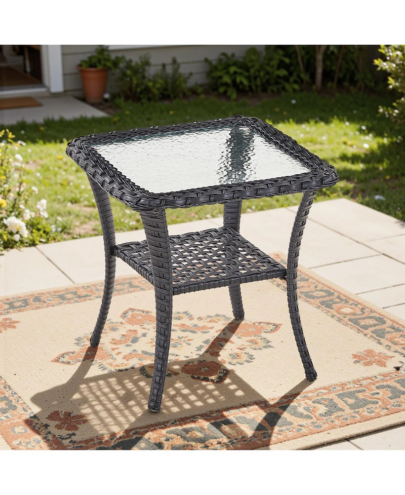 Pocassy Outdoor Side Table - Tempered Glass Wicker Table, Waterproof Patio Coffee Rattan End with Storage