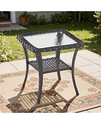 Pocassy Outdoor Side Table - Tempered Glass Wicker Table, Waterproof Patio Coffee Rattan End with Storage