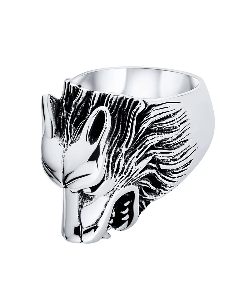 Bling Jewelry Hunter Animal Norse Viking Warrior Signet Fierce Wolf Head Ring Oxidized .925 Sterling Silver