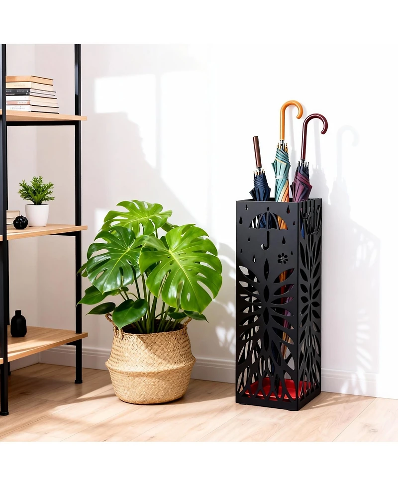 gaomon Square Metal Umbrella Stand, Rust-Resistant Steel, Removable Drip Tray, 4 Hooks, for Entryway and Office