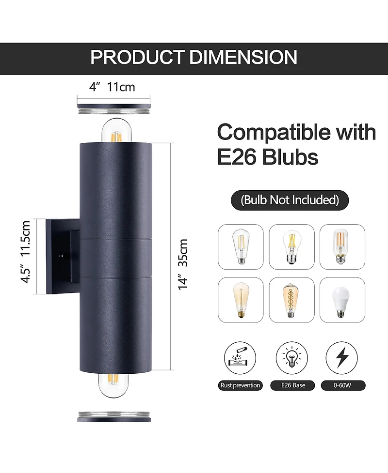 Busdays 14 Inch Modern Outdoor Porch Light Patio Light 2 Lights Aluminum Cylinder Tempered Glass Waterproof Wall Sconce 2 Pack Matte Black No Bulbs