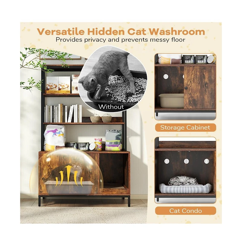 Ruie 57 Inch Tall Cat Litter Box Enclosure Cabinet with 2-Tier Storage and Scratcher