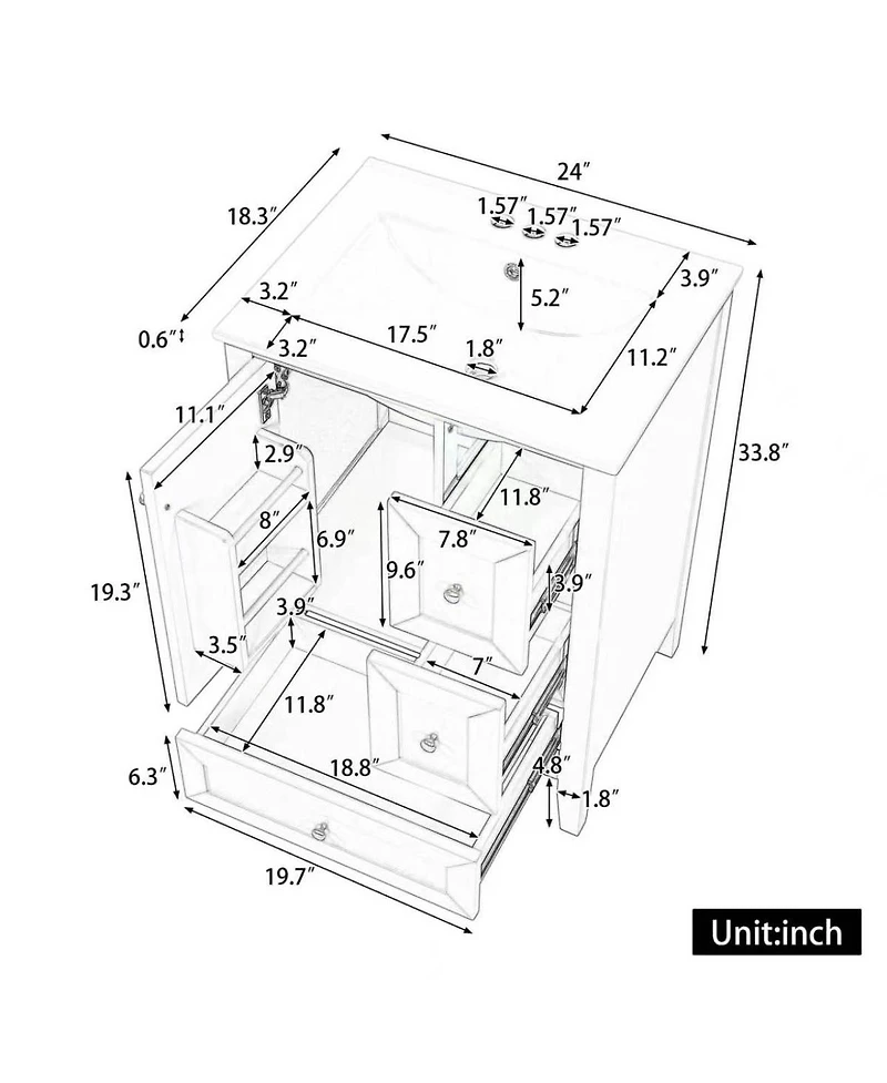 Sillysis 24 Inch Bathroom Vanity with Ceramic Sink, Freestanding Modern Cabinet, Soft Close Drawers for Small Bath