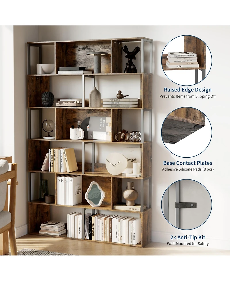 gaomon Modern 6-Tier Geometric Standing Bookshelf, Bookcase for Living Room Storage, Brown