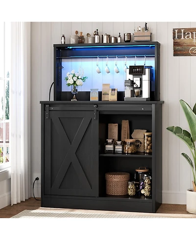 Aheaplus Sideboard Buffet with Charging Station, Farmhouse Coffee Bar Cabinet Barn Door