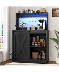 Aheaplus Sideboard Buffet with Charging Station, Farmhouse Coffee Bar Cabinet Barn Door