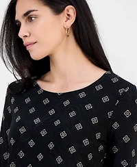 Jm Collection Petite Sofia Tile 3/4-Sleeve Jacquard Tee, Macy's Exclusive