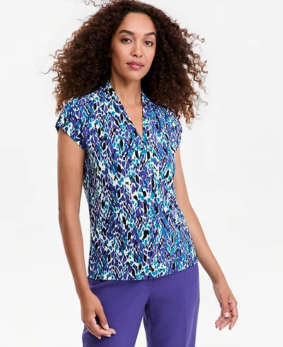 Kasper Petite Extended-Sleeve Funnel-Neck Printed Blouse
