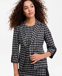 Kasper Petite Houndstooth 3/4-Sleeve Notch Collar Open Seamed Blazer