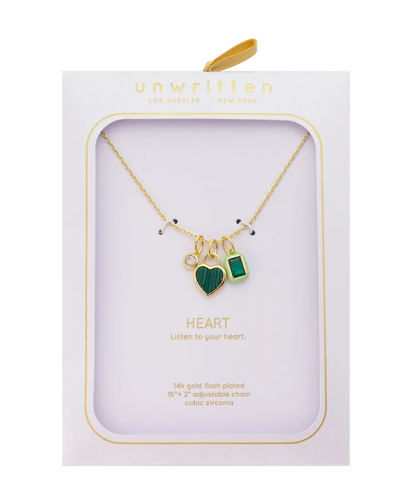 Unwritten Cubic Zirconia Gold-Tone Plated Malachite Stone Cluster Charm Necklace