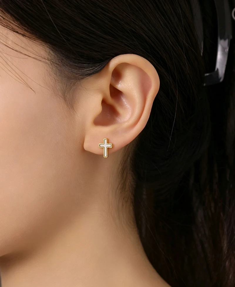 Unwritten Cubic Zirconia Gold-Tone Plated Cross Hoop and Stud Earring Trio Set