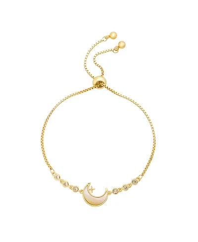 Unwritten Imitation Pearl and Cubic Zirconia Gold-Tone Plated Celestial Moon Adjustable Bolo Bracelet
