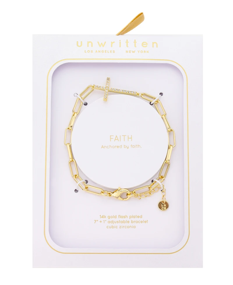 Unwritten Cubic Zirconia Gold-Tone Plated Cross Paperclip Chain Bracelet