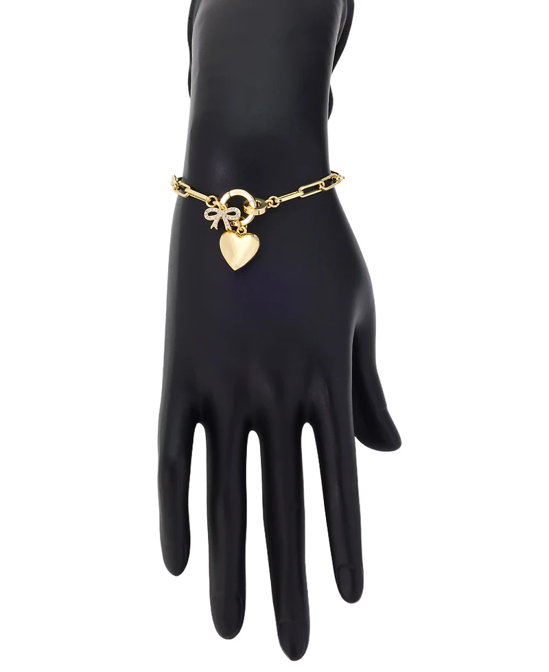 Unwritten Cubic Zirconia Gold-Tone Plated Bow and Heart Cluster Charm Paperclip Chain Bracelet