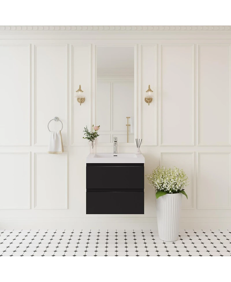Sillysis Wall Mounted Bathroom Vanity with Resin Countertop, Modern Floating Cabinet, Soft Close Drawers, Easy Install