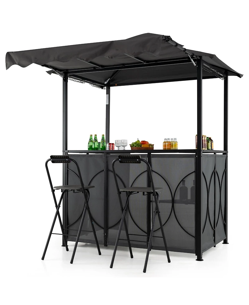 Sugift Outdoor Grill Gazebo with Double-Tier Canopy and 2 Bar Chairs