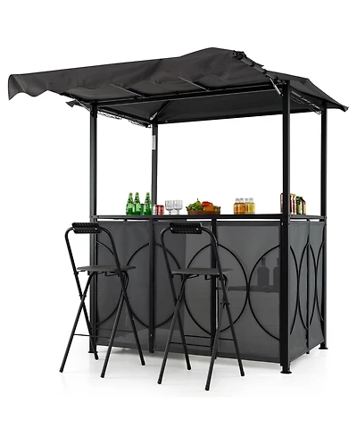 Sugift Outdoor Grill Gazebo with Double-Tier Canopy and 2 Bar Chairs
