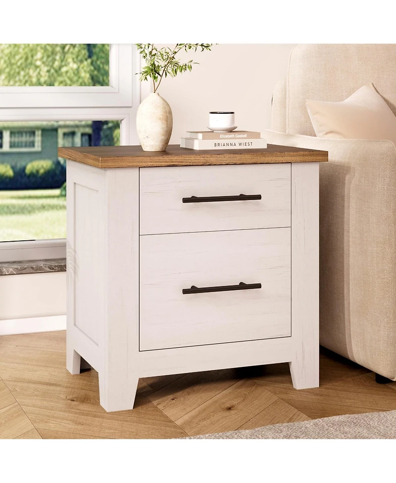 homfan Farmhouse Nightstand with 2 Drawers, Space Saving End Table for Bedroom and Living Room, Supports 170 Lbs