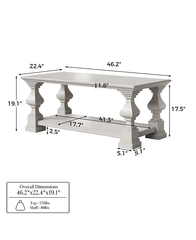 Homsee Solid Wood Coffee Table - 46.1"x22.4"x19.1" Modern Living Room Center Rustic Wood End Table Storage Ottoman