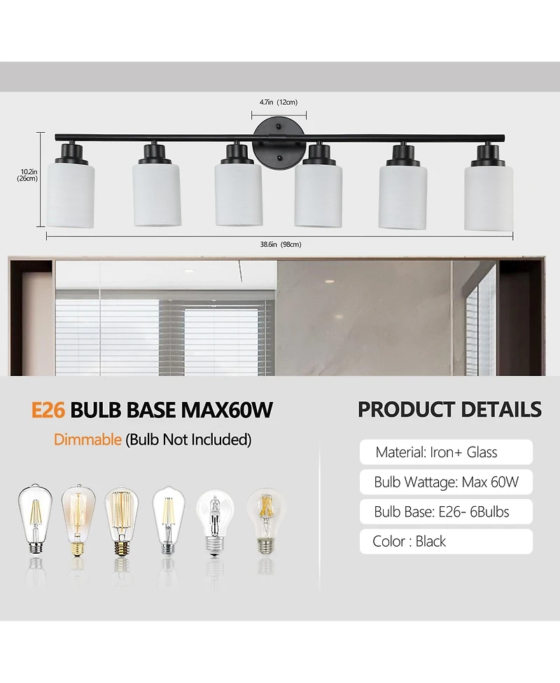 Busdays 39 Inch Black Iron Frame Modern 6 Light Vanity Light Frosted White Glass Wall Sconce for Bathroom Bedroom Dressing Room No Bulbs