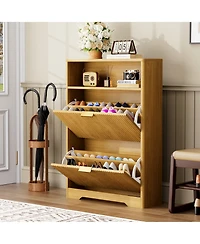 Rainsken Fluted Shoe Cabinet, Modern Wood Shoe Storage Organizer, Hidden Entryway Shoe Rack with 2 Flip Drawers and Open Shelf for Hallway