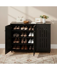 Yigii Shoe Cabinet 3 Doors 4 Tier Adjustable Shelves Freestanding Storage Entryway Bathroom Living Room