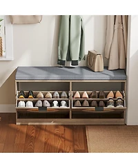 Yigii Rattan Storage Bench Cushion Coat Rack 2 Flip Drawers Entryway Living Room
