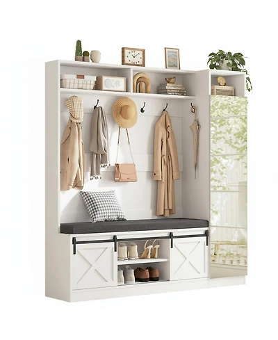 Yigii Hall Tree Bench Shoe Storage Coat Rack Farmhouse Barn Door 4in1 Cushioned Stool Hooks