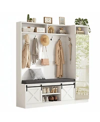 Yigii Hall Tree Bench Shoe Storage Coat Rack Farmhouse Barn Door 4in1 Cushioned Stool Hooks