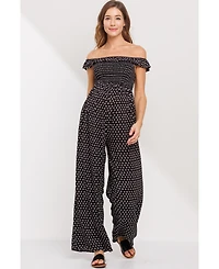 Hello Miz Maternity Smocked Wide Leg Off the Shoulder Jumpsuit with Pockets