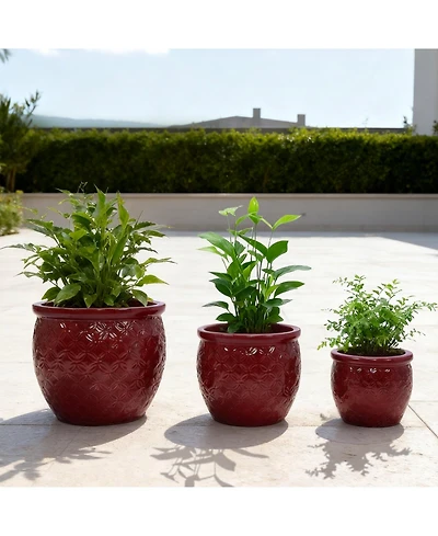 Clihome Handmade Glazed Ceramic Planter Set of 3, 15/13/9 Inch Diameter, Ring Pattern, Breathable Clay