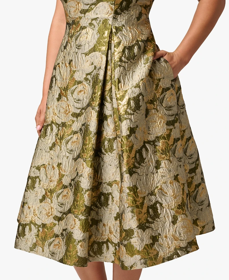 Adrianna Papell Plus Floral Jacquard Boat Neck Midi Dress
