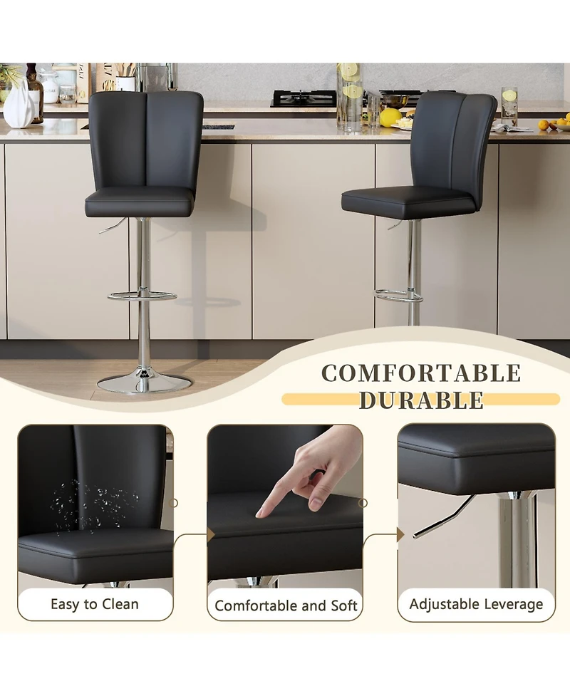 Rainsken Adjustable Bar Stools Set of 2, Swivel Pu Leather Chair with Back, Armless Upholstered Barstools, for Dining Room, Kitchen Island