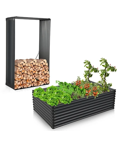 Costway 2 Pieces Galvanized Raised Garden Bed Outdoor Planter Box Firewood Rack Log Holder