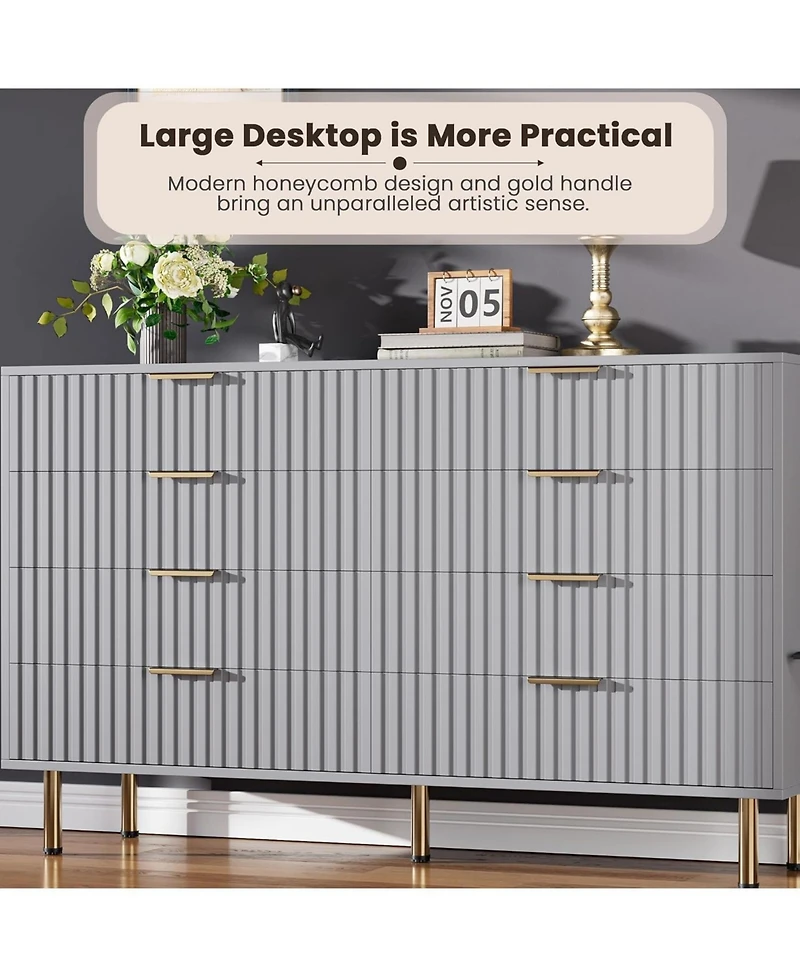 gaomon 8 Drawer Fluted Wood Dresser with Gold Legs, Wide Storage for Bedroom