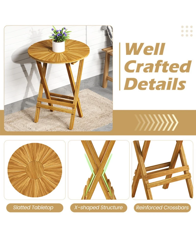 Clihome Patio Teak Wood Round Folding Side Table with Slatted Top & X-Frame, No Assembly Required