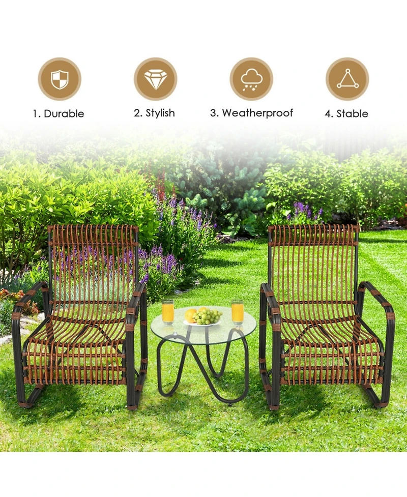 Clihome 3 Pieces Patio Rattan Furniture Set with 2 Wicker Chairs and Glass Side Table